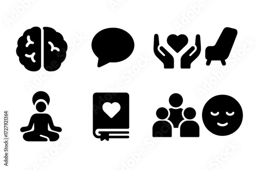 Mental Health Icons. Solid, filled icon set of mental health: brain, speech bubble, heart hands, therapist chair, mindfulness, journal, support group, calm
