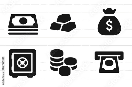 Black Money Icons. Solid, filled icon set of cash safe: money stack, gold bars, coin pile, cash bag, locked vault, cash drawer, deposit slot, security seal.