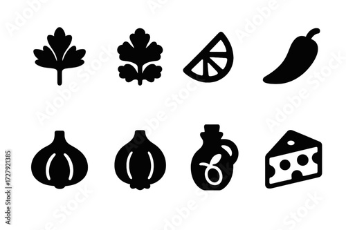 Boiled Bean Garnishes Icons. Solid, filled icon set of boiled bean garnishes: parsley, cilantro, lemon wedge, chili pepper, garlic, onion, olive oil, cheese.