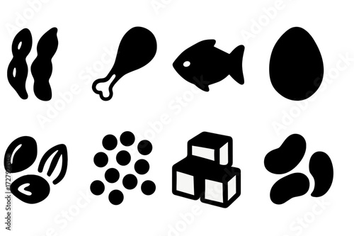 Protein Source Icons. Solid, filled icon set of protein sources: edamame, chicken drumstick, fish, egg, nuts, lentils, tofu, beans. [Line icons in only black