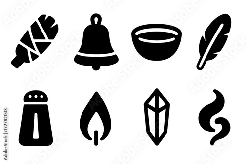 Cleansing Ritual Icons. Solid, filled icon set of cleansing ritual: sage bundle, bell, bowl of water, feather, salt shaker, candle flame, crystal, smoke swirl.