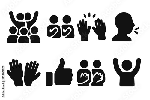 Audience Reaction Icons. Solid, filled icon set of audience reactions: standing ovation, seated applause, cheering hands, whistling, waving hands, thumbs up,