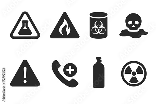 Hazard Alert Icons. Solid, filled icon set of hazard alerts: chemical hazard, flammable warning, biohazard container, toxic spill, warning triangle, emergency