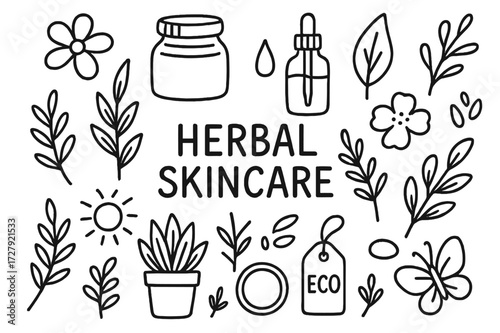 Herbal Skincare Icons. Hand-drawn doodle illustration Herbal skincare package design [flower, jar, leaf, essential oil bottle, droplet, herbal sprig, sun,