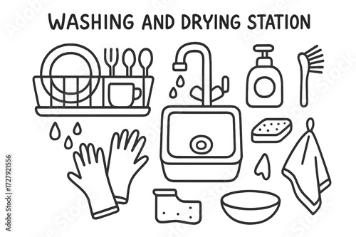 Kitchen Cleaning Doodle. Hand-drawn doodle illustration Washing and drying station [dish rack, sink, faucet, soap bottle, brush, sponge, towel, plate, cup,