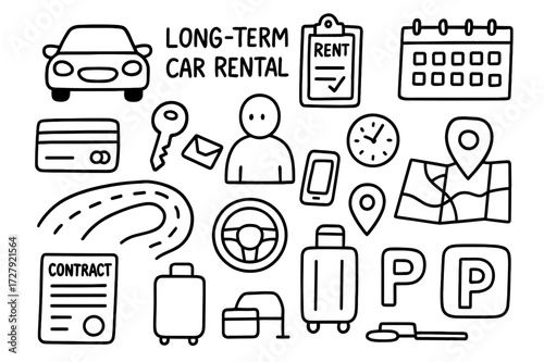 Car Rental Icons. Hand-drawn doodle illustration long-term car rental car, clipboard, calendar, credit card, key, map, road, steering wheel, clock, phone,