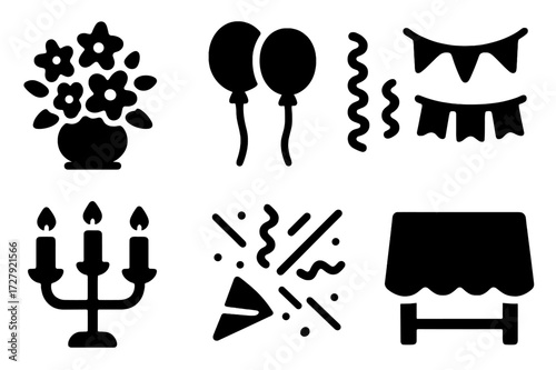 Banquet Decoration Icons. Solid, filled icon set of banquet decorations: floral centerpiece, balloons, ribbons, banners, candles, confetti, chandeliers,
