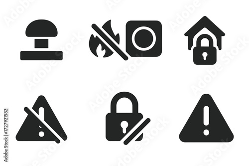 Emergency Icon Set. Solid, filled icon set of emergency shutdown: panic button, fire alarm off, emergency stop, lockdown, alert notification, security lock,