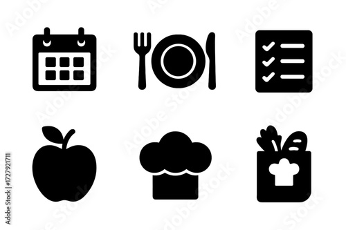 Meal Plan Icons. Solid, filled icon set of meal plans: calendar, plate, fork and knife, checklist, grocery bag, apple, chef hat, recipe book. [Line icons in