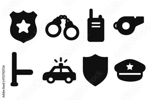 Law Enforcement Icons. Solid, filled icon set of law enforcement duty: police badge, handcuffs, walkie-talkie, whistle, baton, police car, shield, uniform cap.