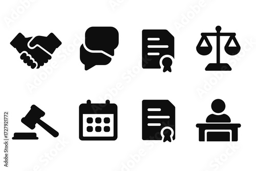 Dispute Settlement Icons. Solid, filled icon set of dispute settlement: handshake, speech bubbles, legal document, balance scales, gavel, calendar, contract,