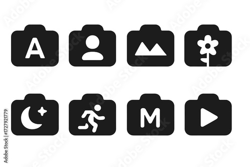 Camera Modes Icons. Solid, filled icon set of camera modes: auto mode, portrait mode, landscape mode, macro mode, night mode, sport mode, manual mode, video