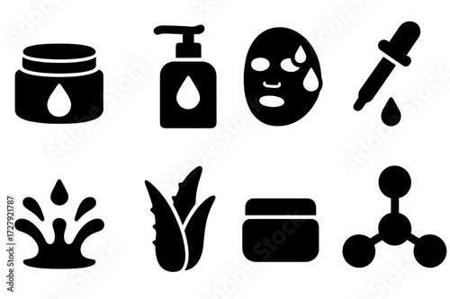 Skincare Icon Set. Solid, filled icon set of moisture in skincare: moisturizer, lotion bottle, hydrating mask, serum dropper, water splash, aloe vera leaf,