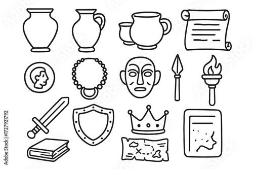 Ancient Artifacts Doodle. Hand-drawn doodle illustration Ancient artifacts exhibit vase, amphora, pottery, scroll, coin, necklace, mask, spear, sword, shield,