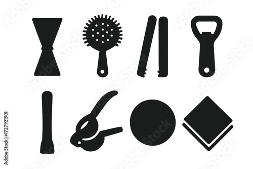 Bar Tool Icons. Solid, filled icon set of stirring bar accessories: jigger, strainer, ice tongs, bottle opener, muddler, citrus squeezer, coaster, napkin.