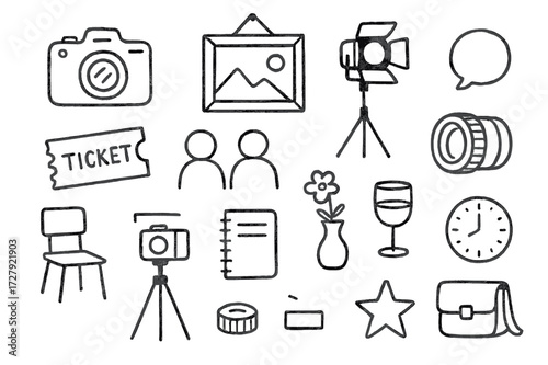 Photography Exhibition Icons. Hand-drawn doodle illustration photography exhibition camera, tripod, photo frame, spotlight, ticket, chair, notebook, flower