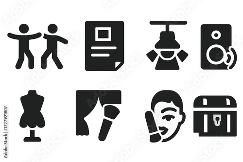 Performance Elements Icons. Solid, filled icon set of performance elements: choreography, script, lighting design, sound design, costume, makeup, set design,
