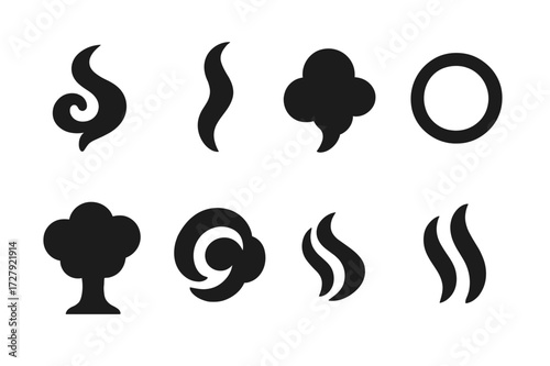 Smoke Effect Icons. Solid, filled icon set of smoke effects: swirling smoke, smoke trail, puff of smoke, smoke ring, smoke wave, cloud burst, smoky swirl,