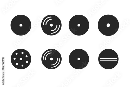 Crash Cymbal Icons. Solid, filled icon set of crash cymbal materials: B20 bronze, B8 bronze, brass, nickel silver, stainless steel, hand-hammered, lathed,