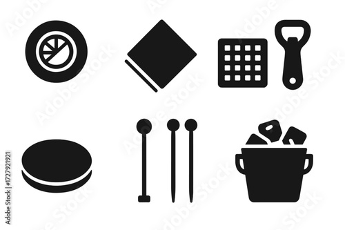 Mojito Bar Icons. Solid, filled icon set of mojito bar accessories: coaster, cocktail napkin, bar mat, bottle opener, serving tray, stirrer, cocktail picks,