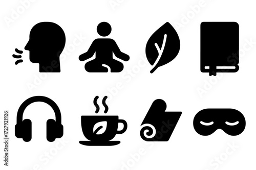 Anxiety Coping Icons. Solid, filled icon set of anxiety coping strategies: deep breath, meditation pose, calming leaf, journal, headphones, herbal tea, yoga