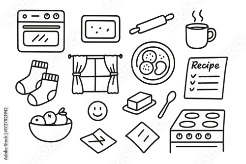 Cozy Kitchen Icons. Hand-drawn doodle illustration cozy kitchen moments oven, baking tray, rolling pin, cozy socks, breakfast plate, fruit bowl, warm mug,
