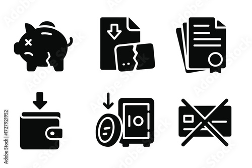 Financial Desperation Icons. Solid, filled icon set of financial desperation: empty piggy bank, overdue bill, broken credit card, stack of unpaid invoices,