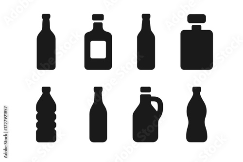 Black Bottle Icons. Solid, filled icon set of bottle types: wine bottle, whiskey bottle, beer bottle, perfume bottle, plastic bottle, glass bottle, oil bottle,