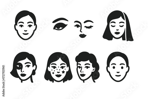 Makeup Icon Grid. Solid, filled icon set of makeup styles: natural makeup, smoky eye, glam makeup, bridal makeup, editorial makeup, festival makeup, retro