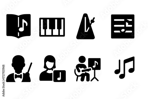 Music Education Icons. Solid, filled icon set of music education: music book, piano keys, metronome, sheet music, conductor, music teacher, practice session,