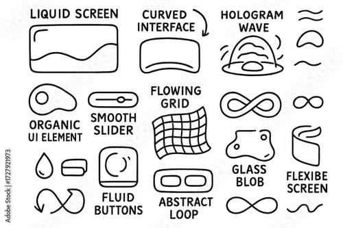 Futuristic Fluid Icons. Hand-drawn doodle illustration Futuristic Fluid Design [liquid screen, curved interface, hologram wave, organic UI element, smooth