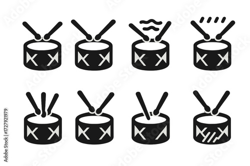 Drumroll Icons Grid. Solid, filled icon set of drumroll types: single stroke roll, double stroke roll, buzz roll, press roll, triple stroke roll, double