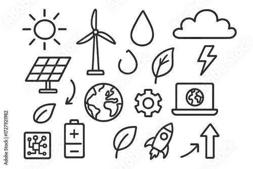 Renewable Energy Doodle. Hand-drawn doodle illustration Renewable energy and climate sun, wind turbine, solar panel, droplet, leaf, cloud, lightning bolt,