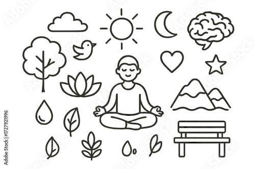 Mindful Nature Doodle. Hand-drawn doodle illustration mindfulness outdoors yoga pose, lotus flower, tree, sun, moon, star, cloud, bird, heart, brain, leaf,