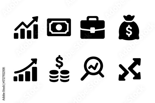 Finance App Icons. Solid, filled icon set of finance app investments: stock, bond, portfolio, fund, growth chart, dividend, analysis, trade. [Solid, filled