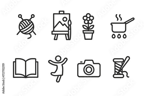 Aunt's Hobby Icons. Outline icon set of aunt?s hobbies: knitting, painting, gardening, cooking, reading, dancing, photography, crafting. Line icons in only