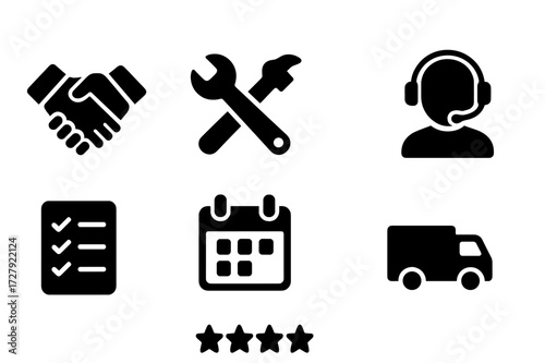 Service Icon Set. Solid, filled icon set of service offers: hand shake, tools, badge, customer support, checklist, calendar, delivery truck, star rating.