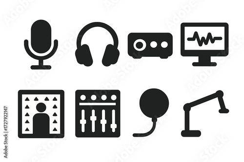 Audio Recording Icons. Solid, filled icon set of audio recording: microphone, headphones, audio interface, recording software, soundproof room, mixer, pop