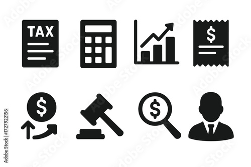 Offshore Tax Icons. Solid, filled icon set of offshore taxation: tax form, calculator, tax bracket, receipt, refund, penalty, audit, tax advisor. Solid, filled