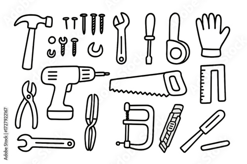 Toolbox Doodle Icons. Hand-drawn doodle illustration toolbox items hammer, nails, screws, pliers, wrench, screwdriver, tape measure, drill, saw, gloves, ruler,