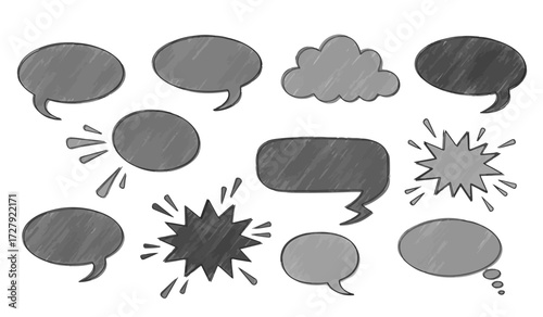 Dynamic collection of hand drawn speech bubbles and thought clouds perfect for capturing ideas, conversations, and creative expression in any project.