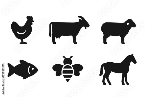 Local Food Animals Icons. Solid, filled icon set of local food animals: chicken, cow, goat, sheep, fish, bee, pig, horse. [Line icons in only black color. All