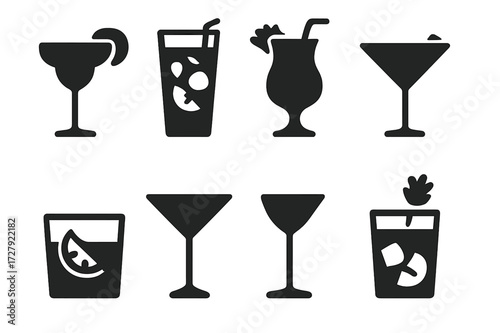Cocktail Icons Grid. Solid, filled icon set of cocktail drinks: margarita, mojito, pina colada, daiquiri, negroni, old fashioned, cosmopolitan, bloody mary.
