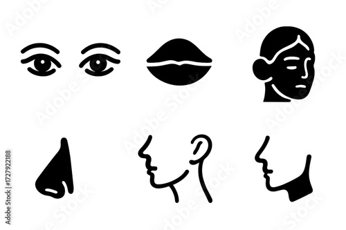 Night Care Icons. Solid, filled icon set of night care facial features: eyes, lips, cheeks, forehead, nose, chin, neck, jawline. Line icons in only black