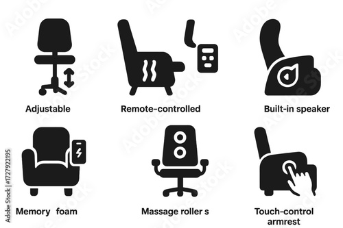 Smart Seating Icons. Solid, filled icon set of smart seating: adjustable height seat, remote-controlled recliner, heated seat, built-in speaker chair, charging