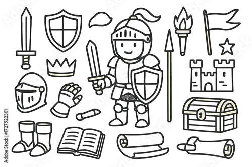 Medieval Knight Essentials. Hand-drawn doodle illustration knight sword props longsword, shield, helmet, gauntlet, crown, armor, lance, torch, flag, star,