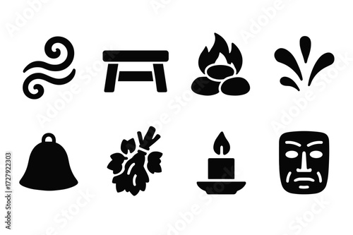 Bathhouse Icon Set. Solid, filled icon set of bathhouse atmosphere: steam swirl, wooden bench, hot stones, water splash, sauna hat, birch twigs, candle, spirit