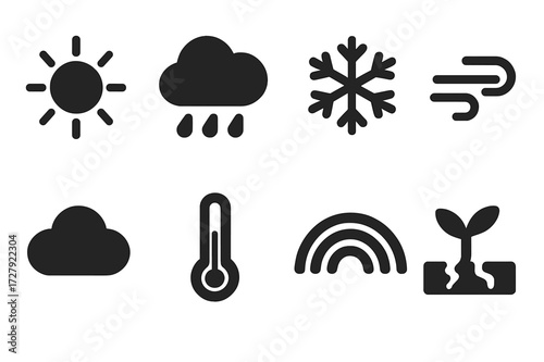 Seasonal Weather Icons. Solid, filled icon set of farmer seasons and weather: sun, rain, snowflake, wind, cloud, thermometer, rainbow, drought. [Line icons in