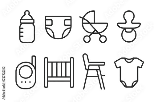 Parenting Essentials Icons. Outline icon set of parenting essentials: baby bottle, diaper, stroller, pacifier, baby monitor, crib, high chair, baby clothes.