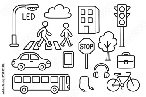 Street Scene Doodles. Hand-drawn doodle illustration Modern streetlights [LED lamp, traffic light, car, bus, road, crosswalk lines, pedestrian, stop sign,